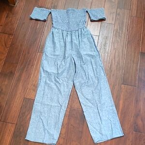 NWT Ashley Stewart Chambray Off-Shoulder Smocked Linen Blend Jumpsuit size 10/12